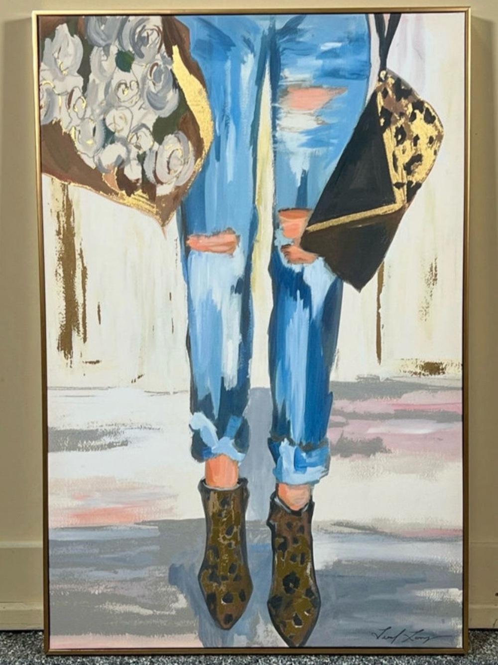 Framed Contemporary Canvas Painting - Blue Jeans with Gold Accents